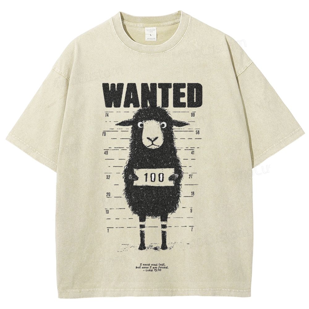 "WANTED" Sheep Graphic Beige T - shirt