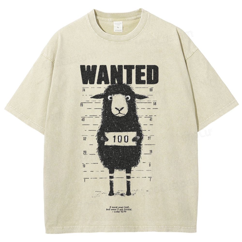"WANTED" Sheep Graphic Beige T - shirt
