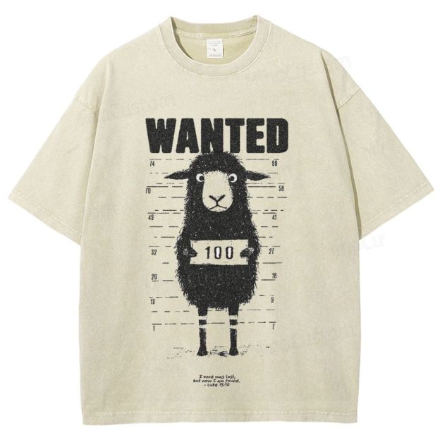 "WANTED" Sheep Graphic Beige T - shirt
