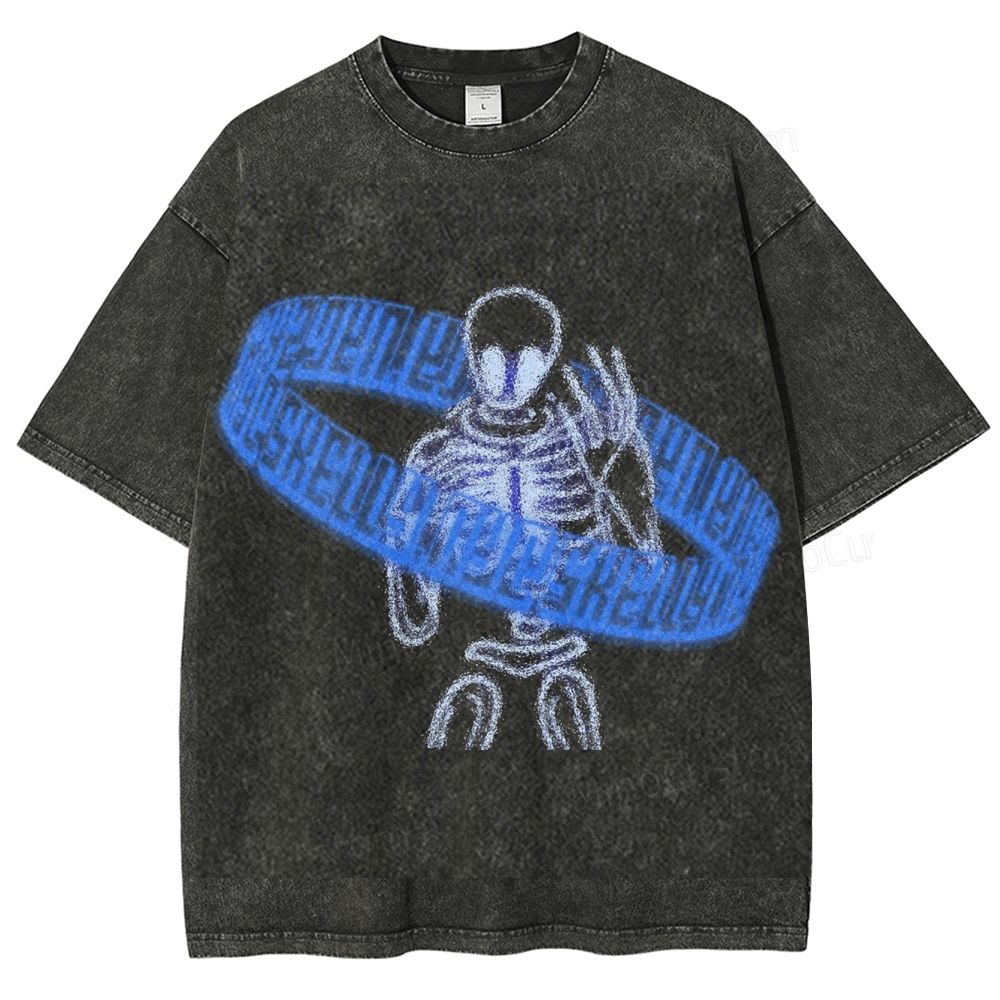 Washed Black Alien Skeleton & Blue Ring Graphic T - shirt