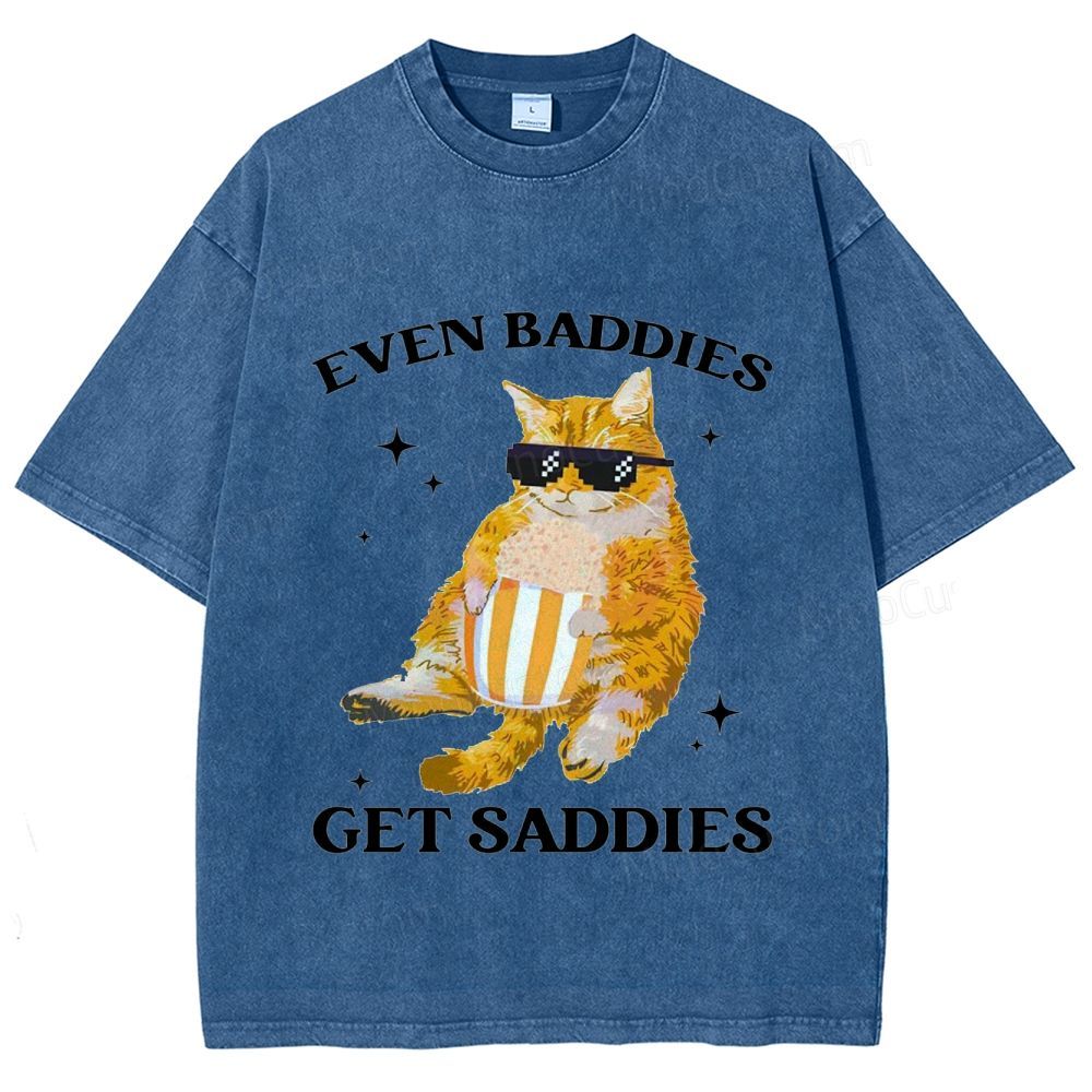 Vintage Washed “Even Baddies Get Saddies” Cat Graphic T - Shirt