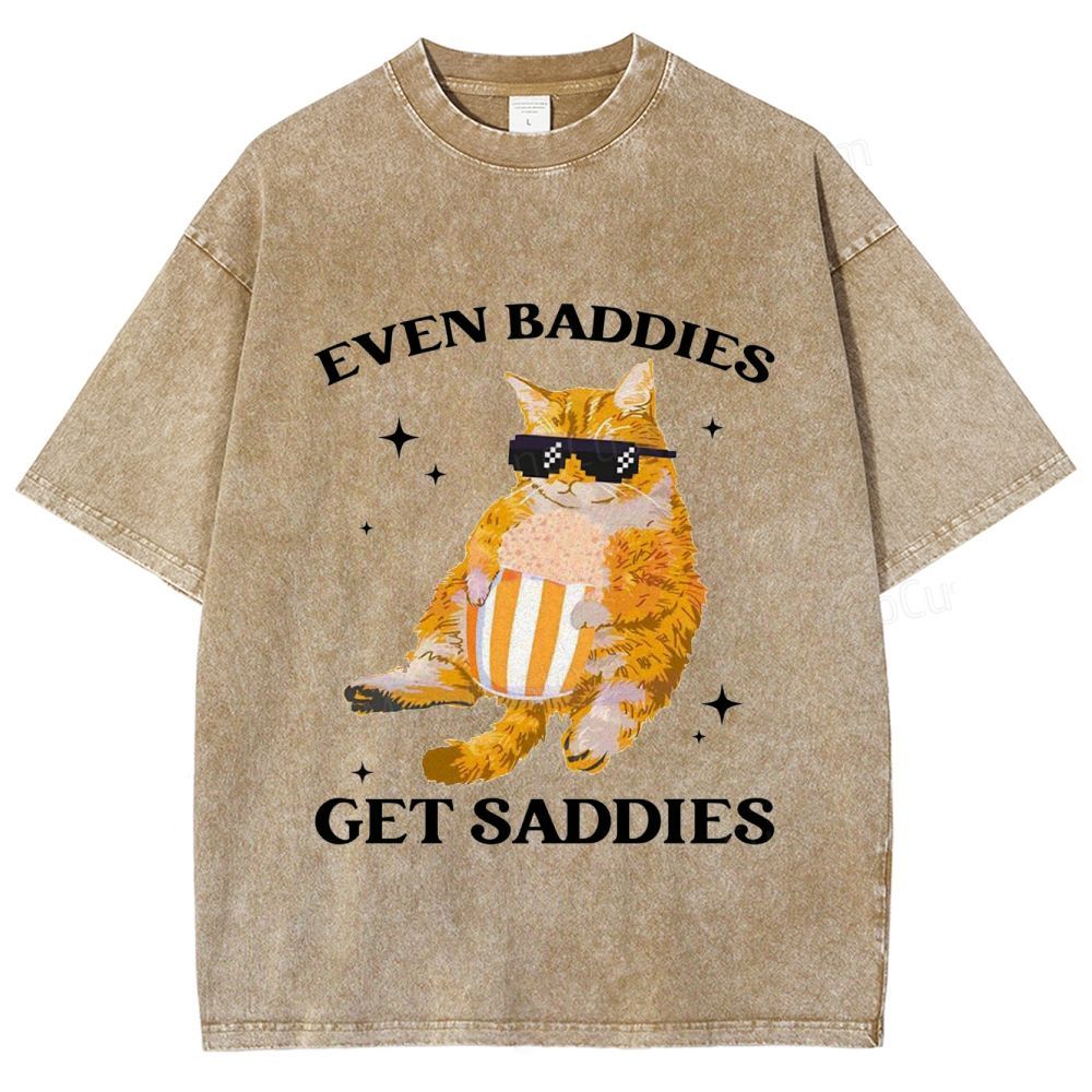Vintage Washed “Even Baddies Get Saddies” Cat Graphic T - Shirt