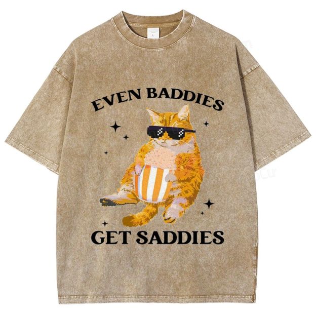 Vintage Washed “Even Baddies Get Saddies” Cat Graphic T - Shirt