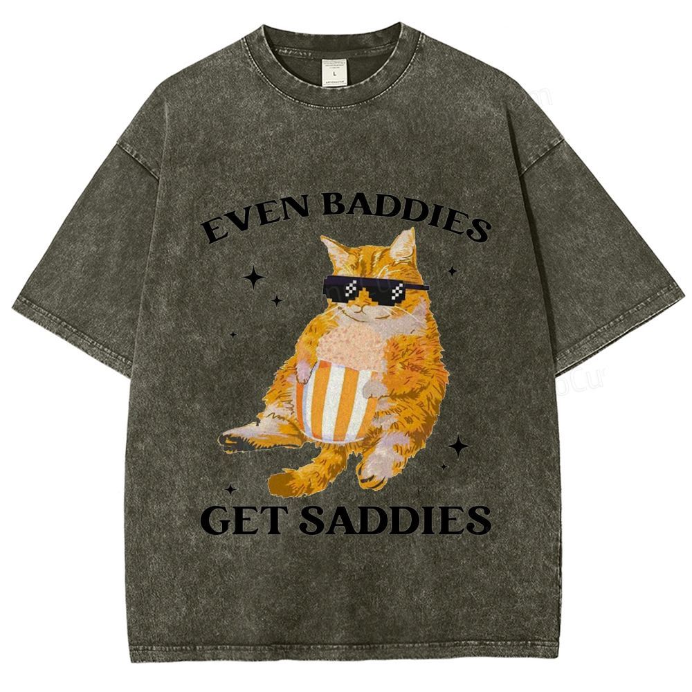 Vintage Washed “Even Baddies Get Saddies” Cat Graphic T - Shirt