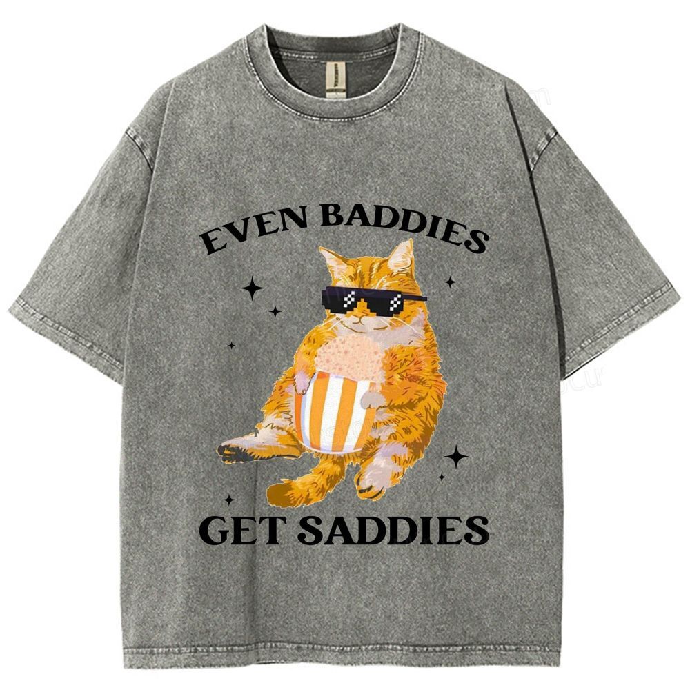Vintage Washed “Even Baddies Get Saddies” Cat Graphic T - Shirt