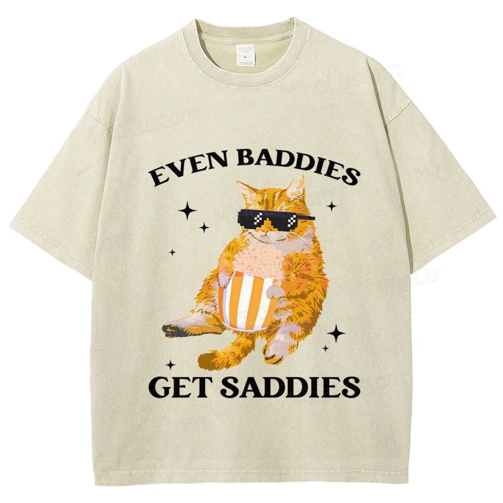 Vintage Washed “Even Baddies Get Saddies” Cat Graphic T - Shirt