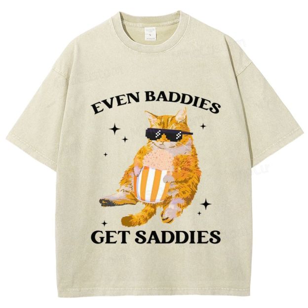 Vintage Washed “Even Baddies Get Saddies” Cat Graphic T - Shirt