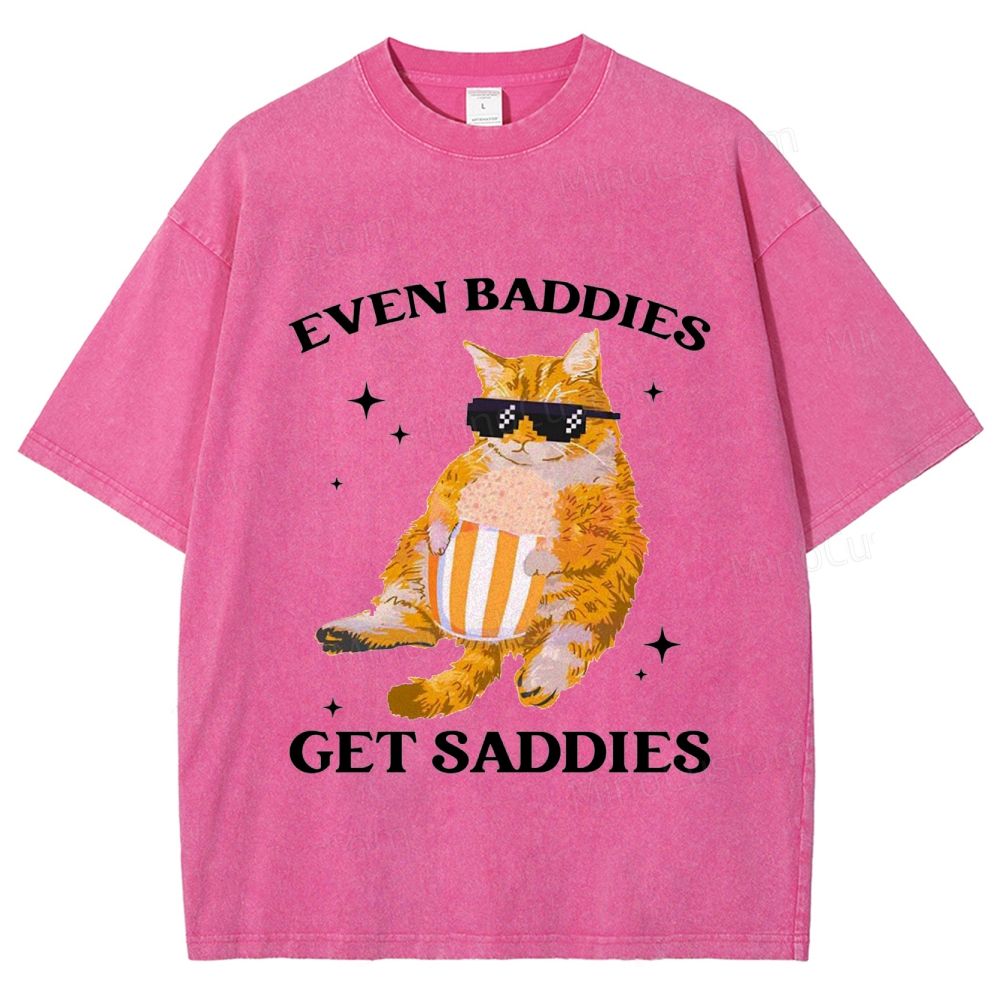 Vintage Washed “Even Baddies Get Saddies” Cat Graphic T - Shirt