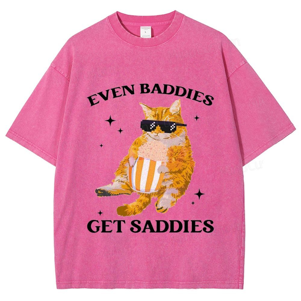 Vintage Washed “Even Baddies Get Saddies” Cat Graphic T - Shirt