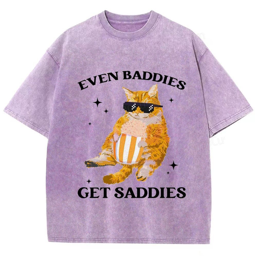 Vintage Washed “Even Baddies Get Saddies” Cat Graphic T - Shirt