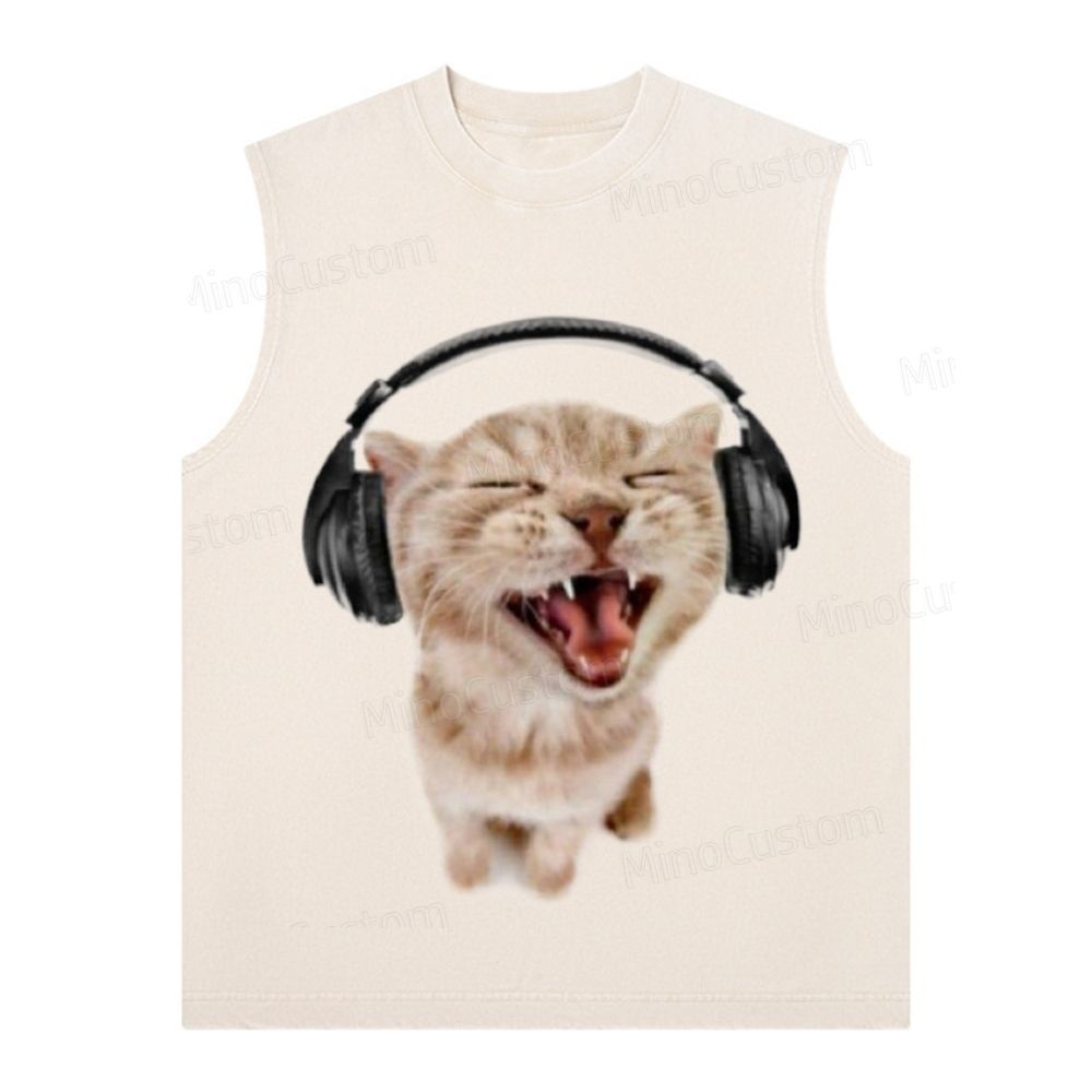 Cat Headphones Print Tank Top