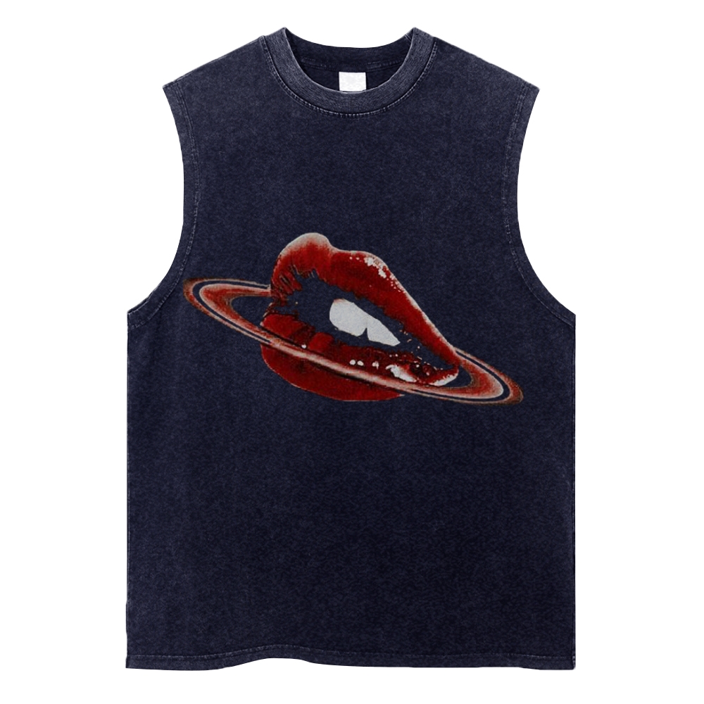 Vintage Washed Tank Top with Lip & Saturn Graphic