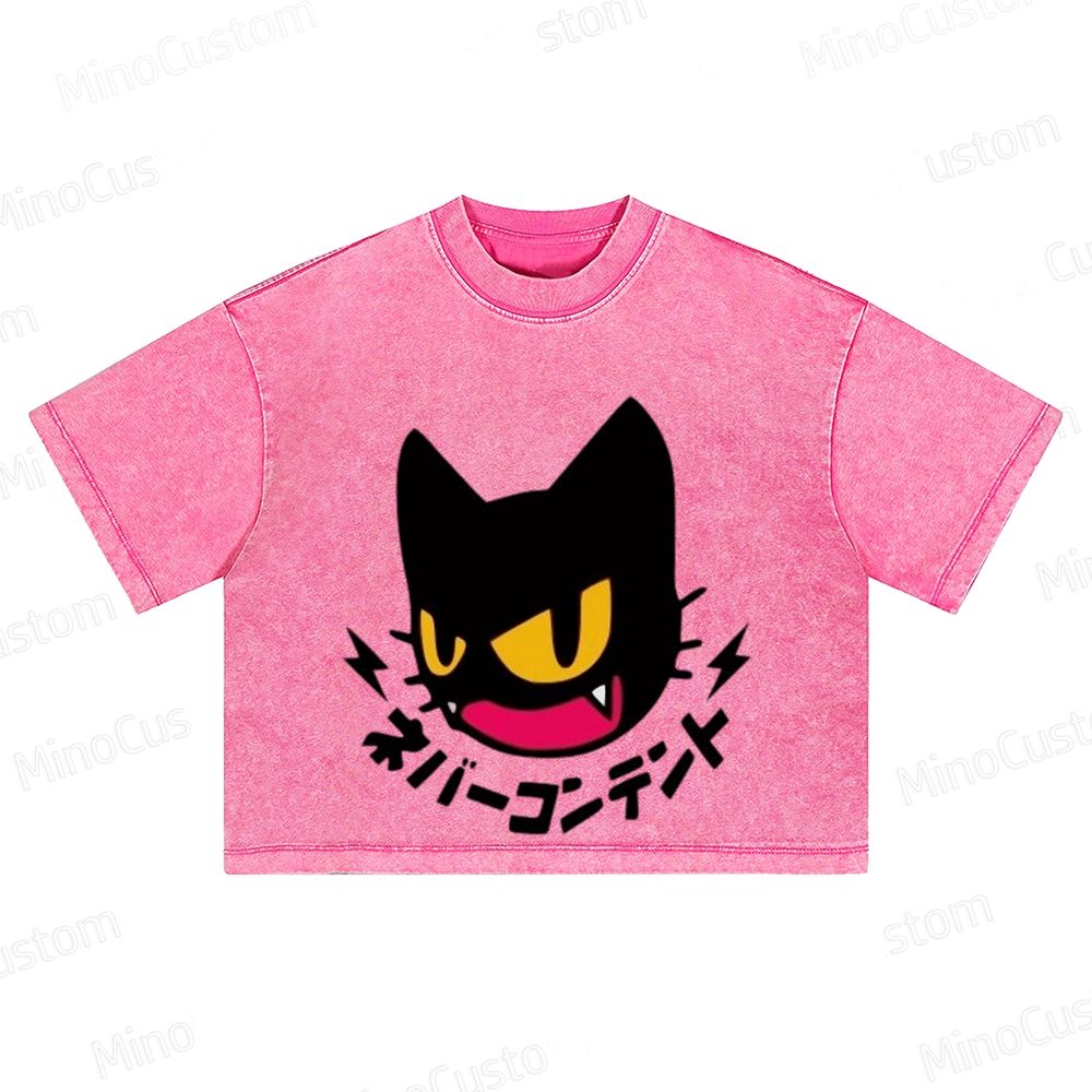 Washed Crop Top with Angry Cat & Japanese Text Graphic