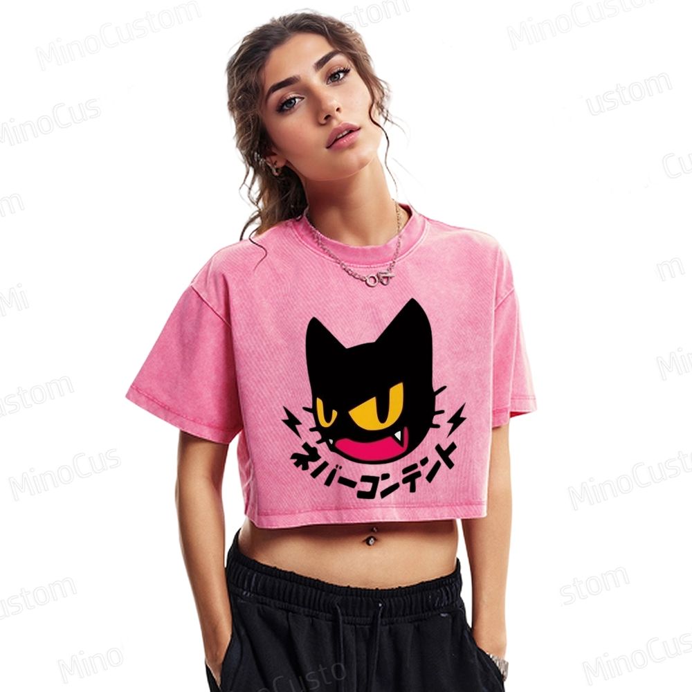 Washed Crop Top with Angry Cat & Japanese Text Graphic