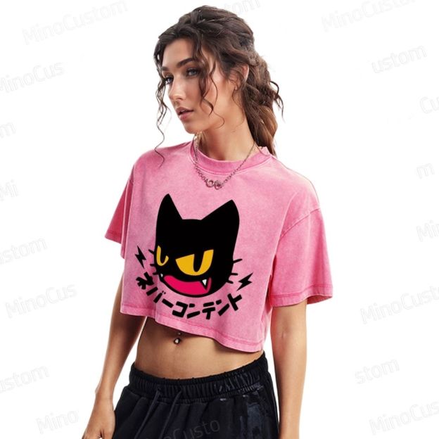Washed Crop Top with Angry Cat & Japanese Text Graphic