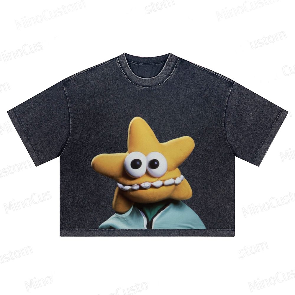 Washed Crop Top with Cartoon Starfish Character Graphic