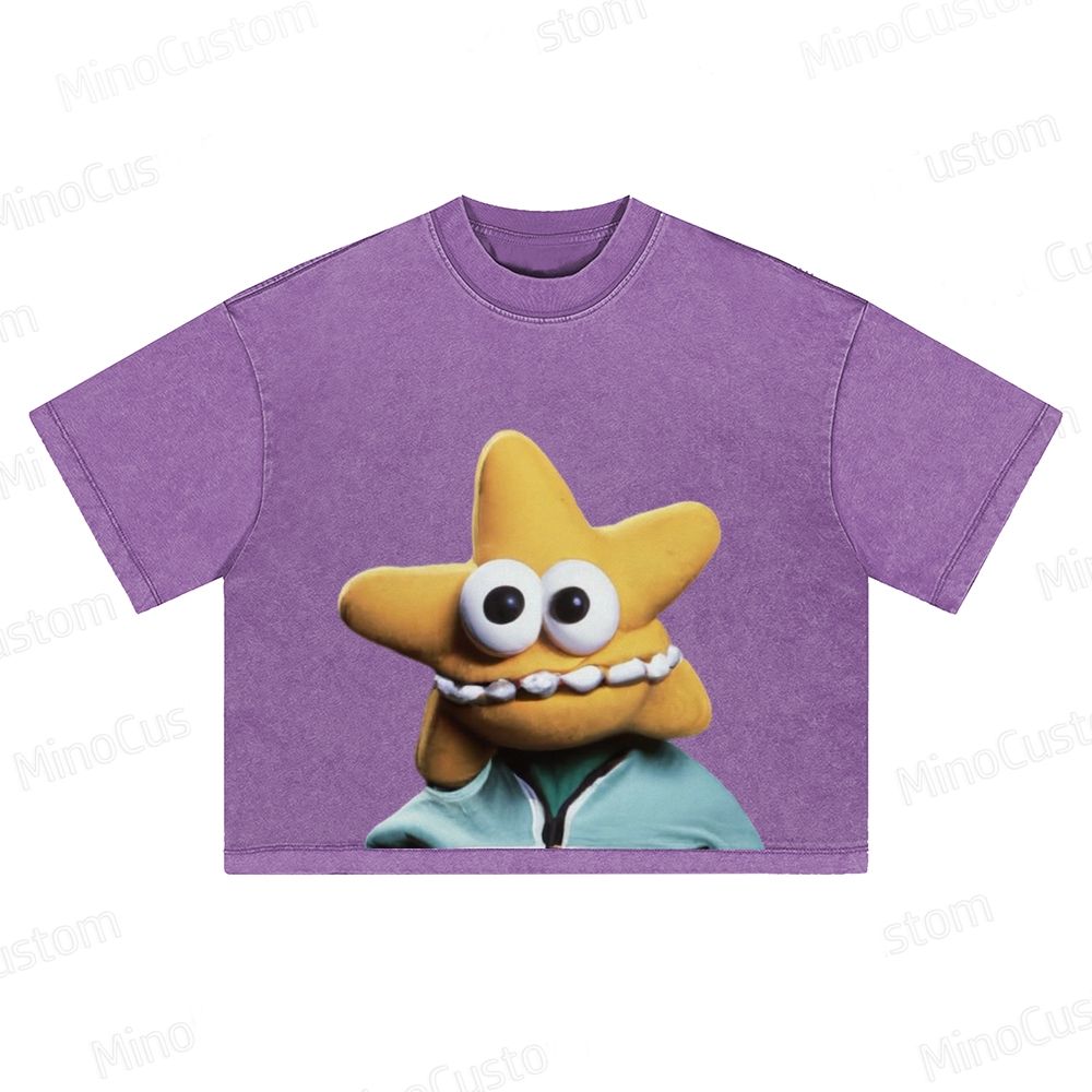 Washed Crop Top with Cartoon Starfish Character Graphic