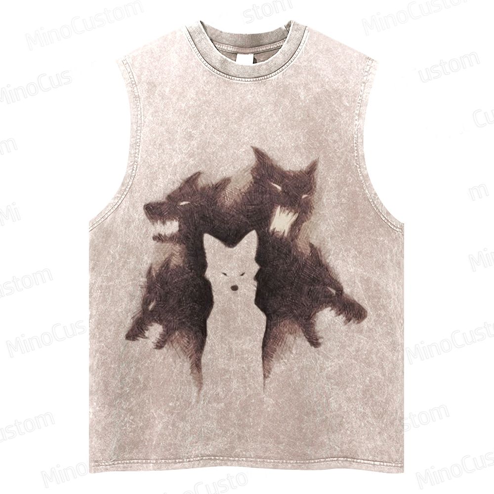 Vintage Washed Sleeveless Tank Top with Wolf Pack Graphic