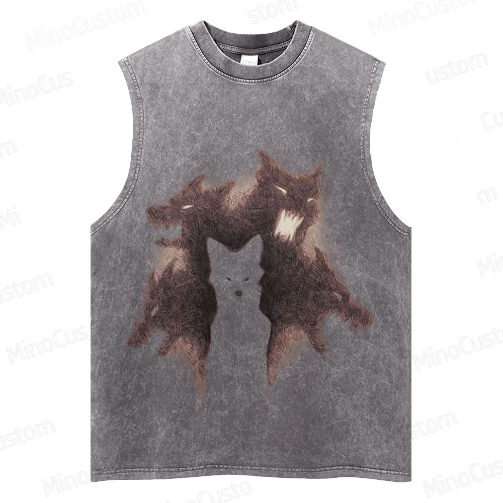 Vintage Washed Sleeveless Tank Top with Wolf Pack Graphic