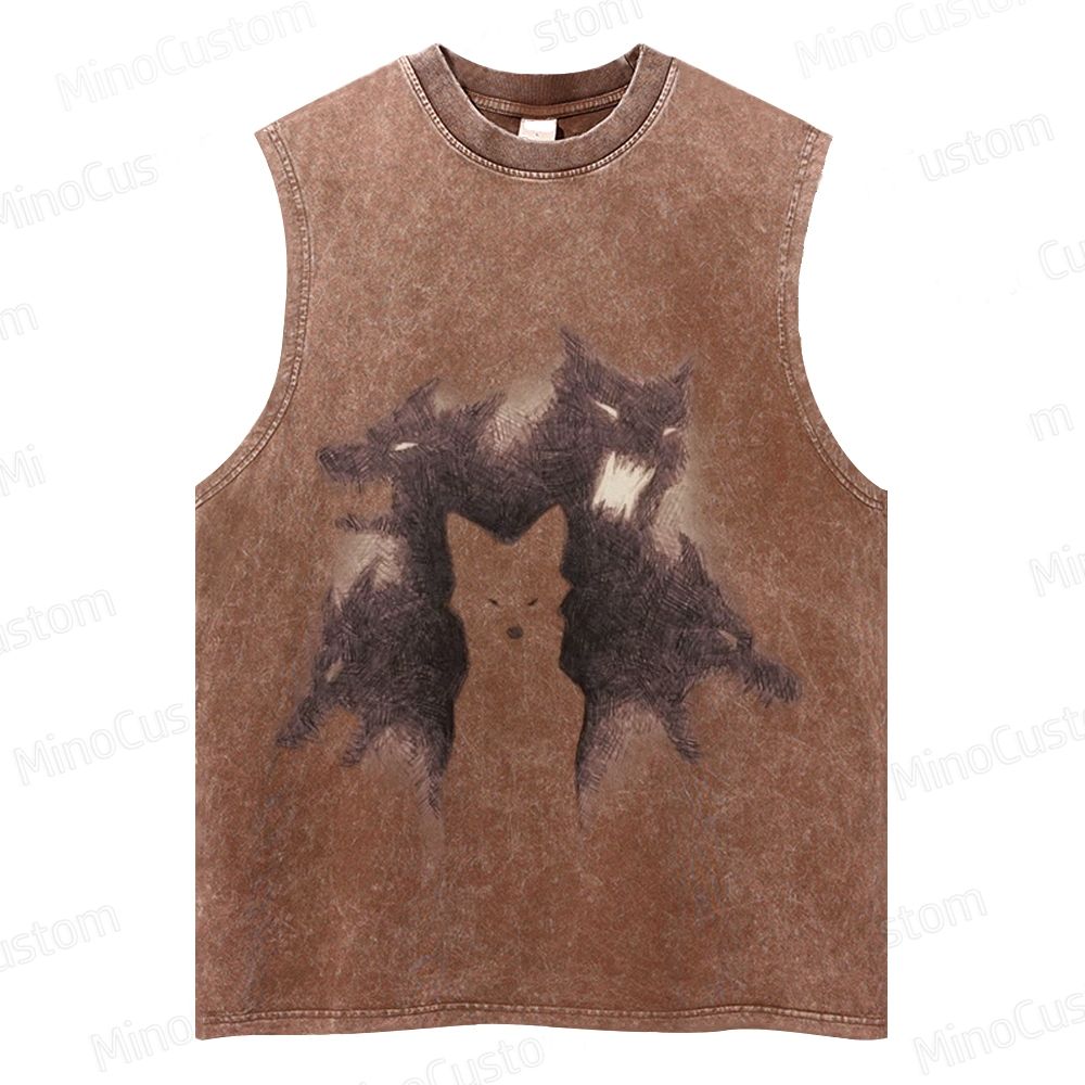 Vintage Washed Sleeveless Tank Top with Wolf Pack Graphic