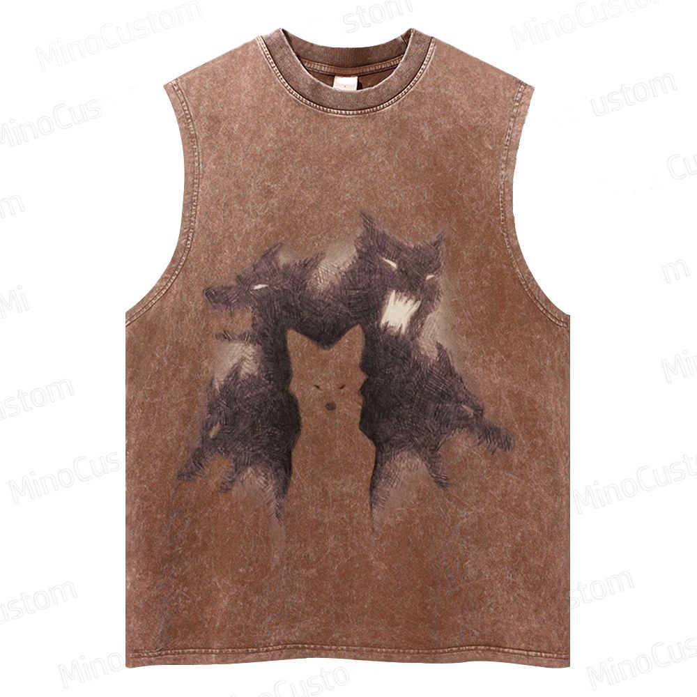 Vintage Washed Sleeveless Tank Top with Wolf Pack Graphic