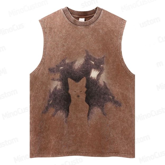 Vintage Washed Sleeveless Tank Top with Wolf Pack Graphic