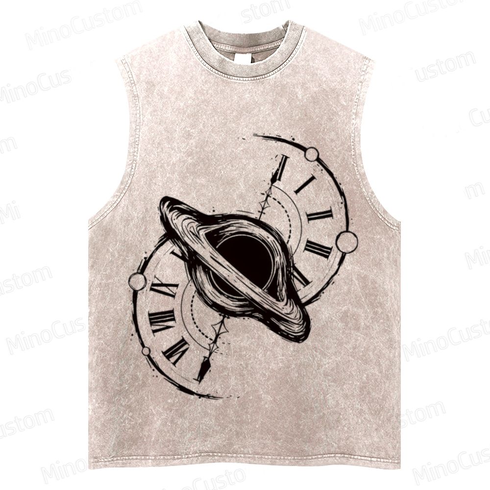 Vintage Washed Sleeveless Tank Top with Cosmic Clock & Planet Graphic