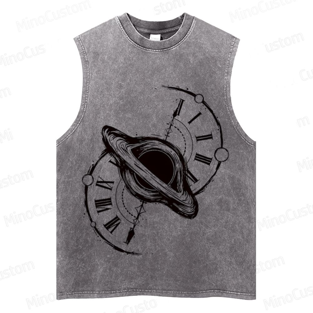 Vintage Washed Sleeveless Tank Top with Cosmic Clock & Planet Graphic