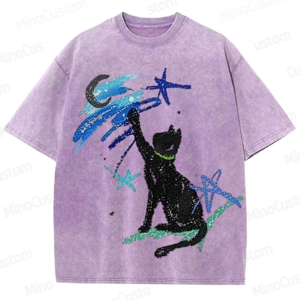 Vintage Washed Celestial Cat Graphic T - Shirt