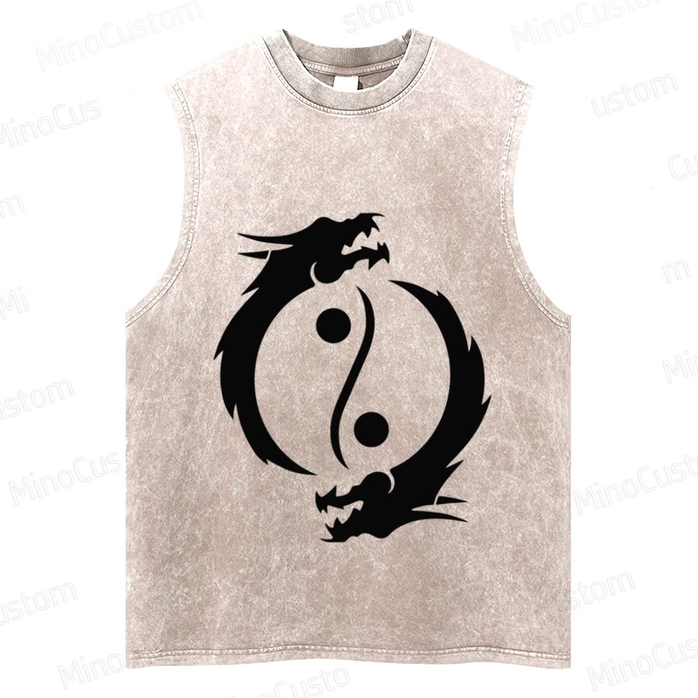 Vintage Washed Yin - Yang Dragon Graphic Sleeveless Tank Top