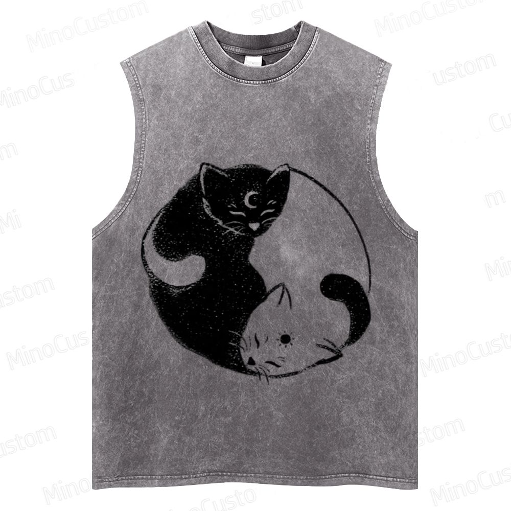 Vintage Washed Yin - Yang Cat Graphic Sleeveless Tank Top