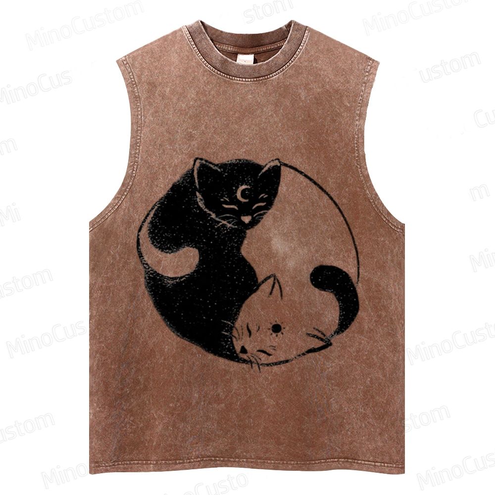 Vintage Washed Yin - Yang Cat Graphic Sleeveless Tank Top