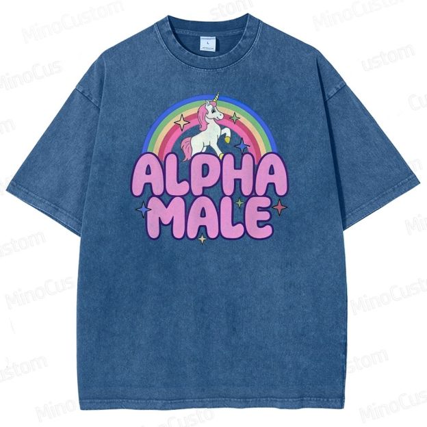 Rainbow Unicorn Alpha  Y2K  Washed T-Shirt 