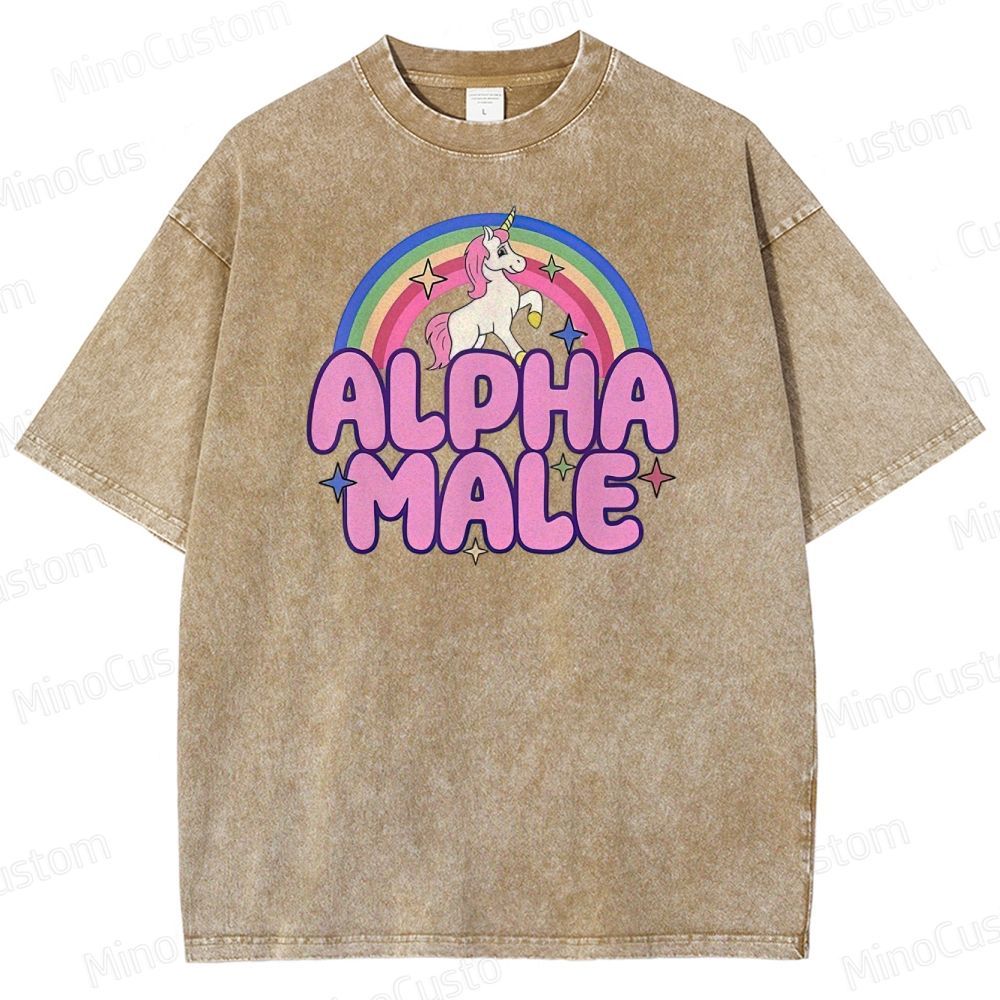 Rainbow Unicorn Alpha  Y2K  Washed T-Shirt 