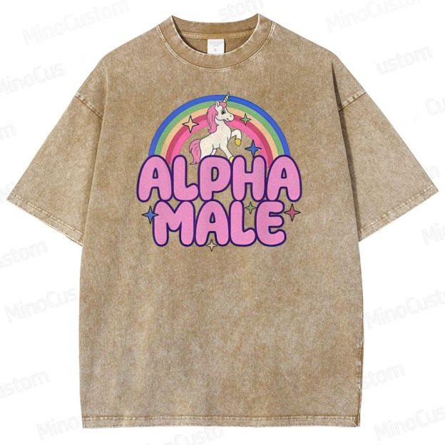 Rainbow Unicorn Alpha  Y2K  Washed T-Shirt 