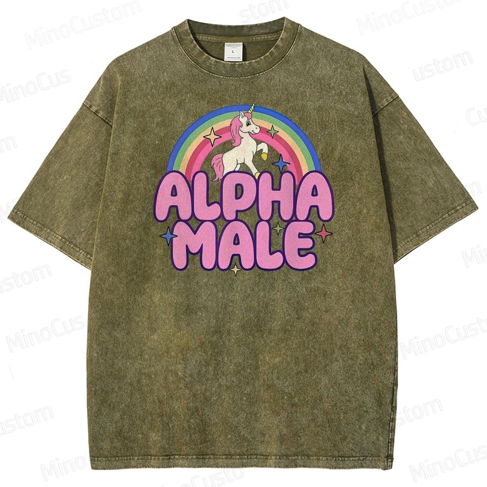 Rainbow Unicorn Alpha  Y2K  Washed T-Shirt 