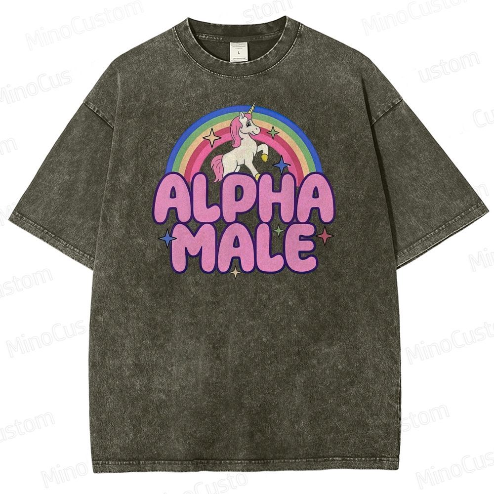 Rainbow Unicorn Alpha  Y2K  Washed T-Shirt 