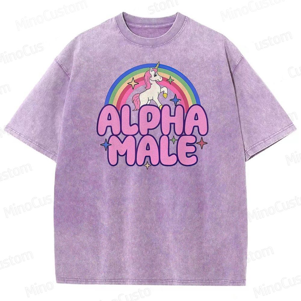 Rainbow Unicorn Alpha  Y2K  Washed T-Shirt 