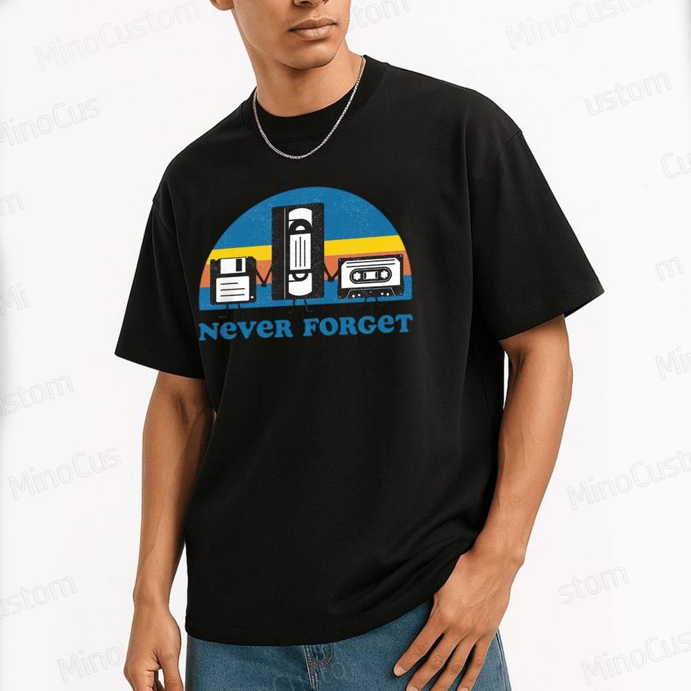 Retro Tech “Never Forget” T - Shirt with Floppy Disk, VHS, Cassette Graphics