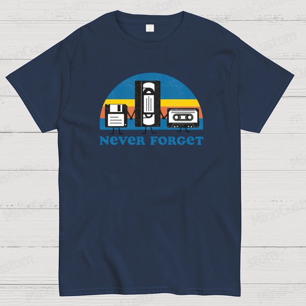Retro Tech “Never Forget” T - Shirt with Floppy Disk, VHS, Cassette Graphics