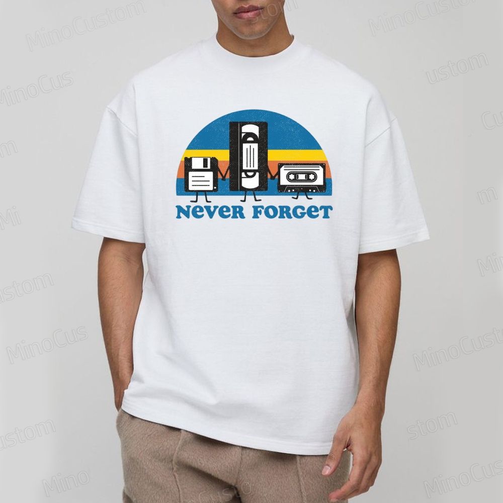 Retro Tech “Never Forget” T - Shirt with Floppy Disk, VHS, Cassette Graphics