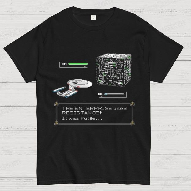 Retro Star Trek Enterprise vs Borg Cube 8 - Bit Game T - Shirt