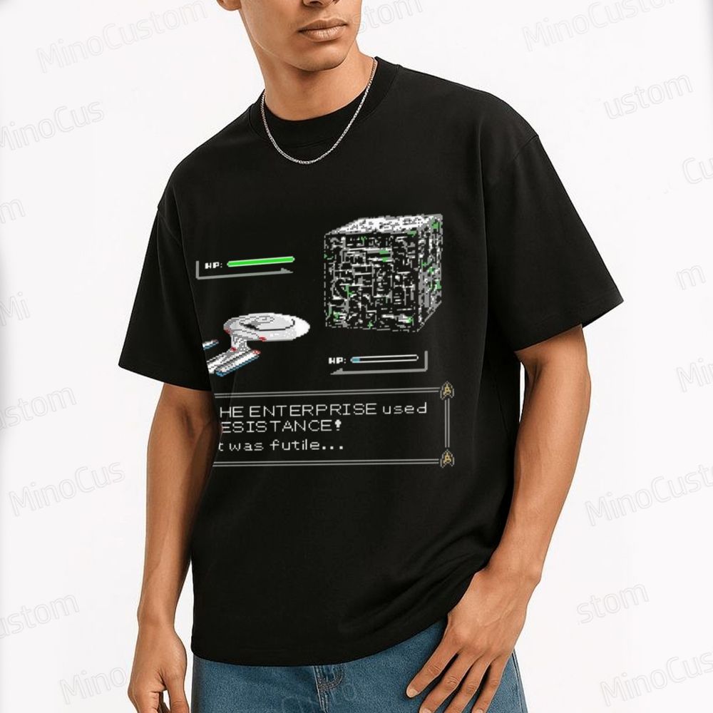 Retro Star Trek Enterprise vs Borg Cube 8 - Bit Game T - Shirt