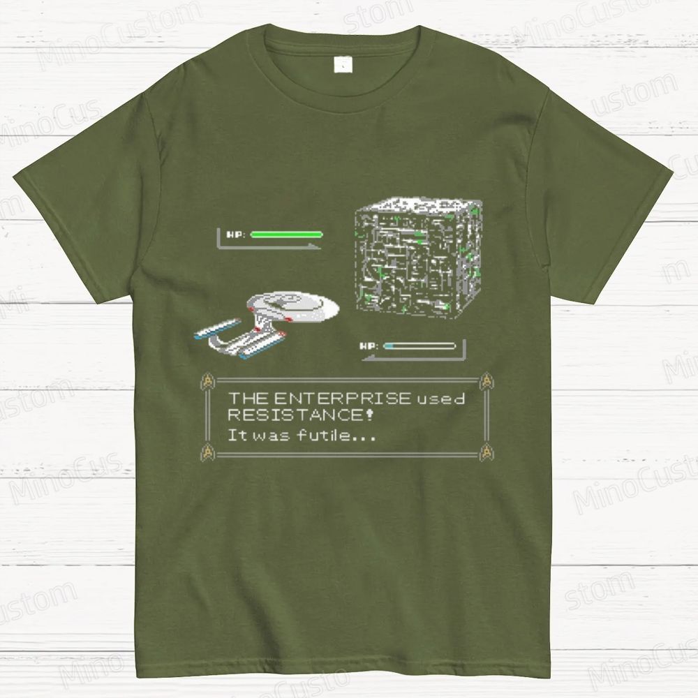 Retro Star Trek Enterprise vs Borg Cube 8 - Bit Game T - Shirt