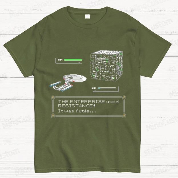 Retro Star Trek Enterprise vs Borg Cube 8 - Bit Game T - Shirt