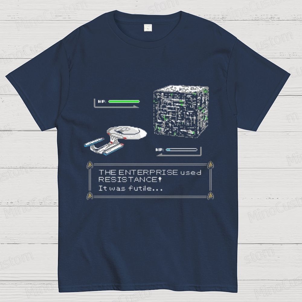 Retro Star Trek Enterprise vs Borg Cube 8 - Bit Game T - Shirt