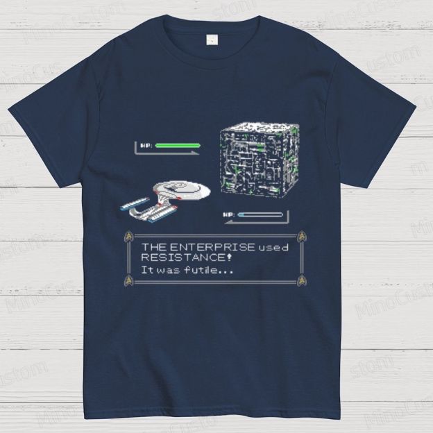 Retro Star Trek Enterprise vs Borg Cube 8 - Bit Game T - Shirt