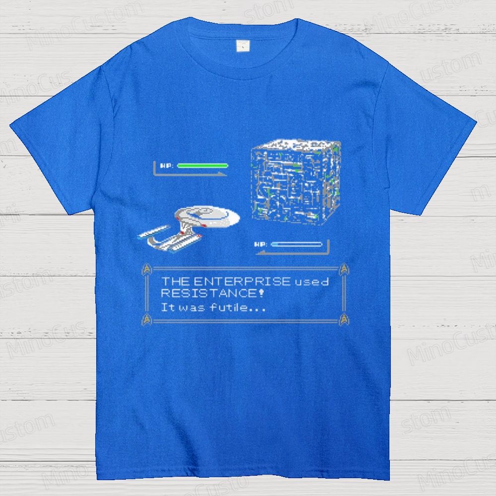 Retro Star Trek Enterprise vs Borg Cube 8 - Bit Game T - Shirt