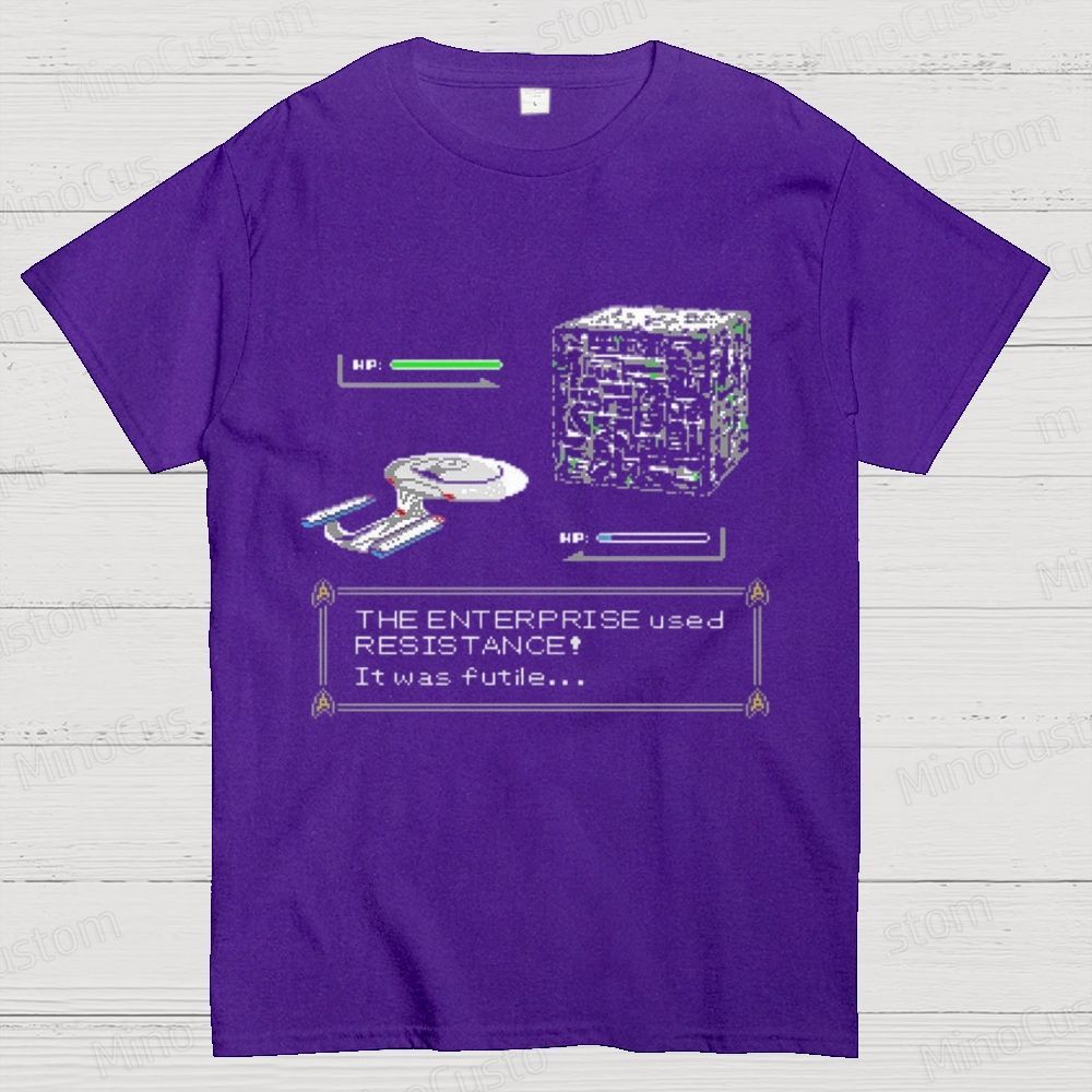 Retro Star Trek Enterprise vs Borg Cube 8 - Bit Game T - Shirt