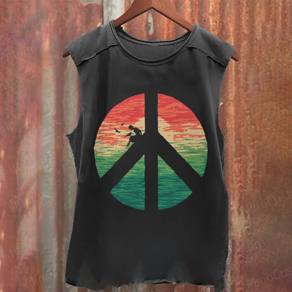 Washed Peace Symbol Sunset Silhouette Tank Top